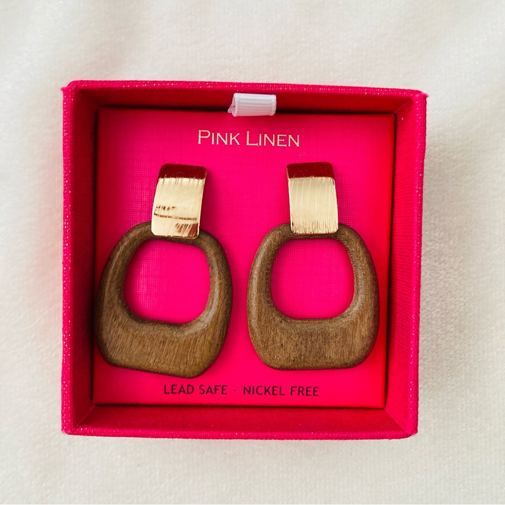 New in box Pink Linen Wood Gold Earrings Boho